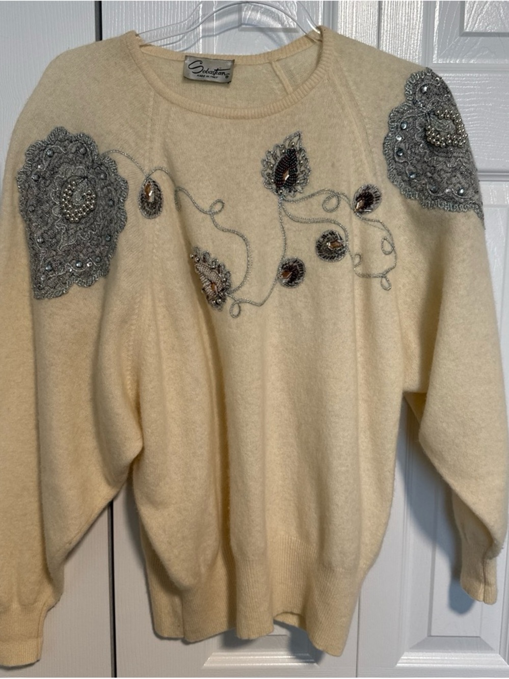 Saks Fifth Avenue Cream Embellished Crewneck Sweater